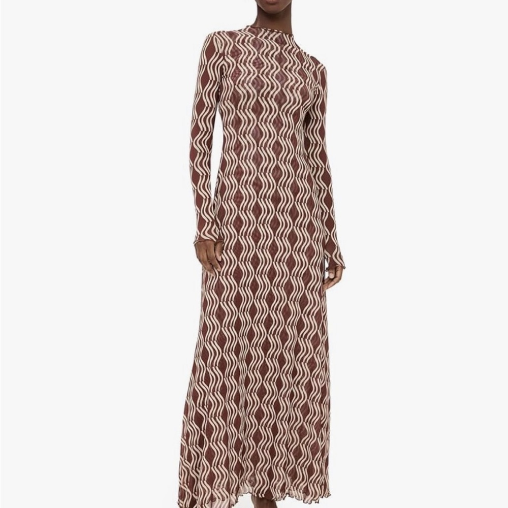 RESA Brown and Cream Wave-Print Long-Sleeve Maxi Dress